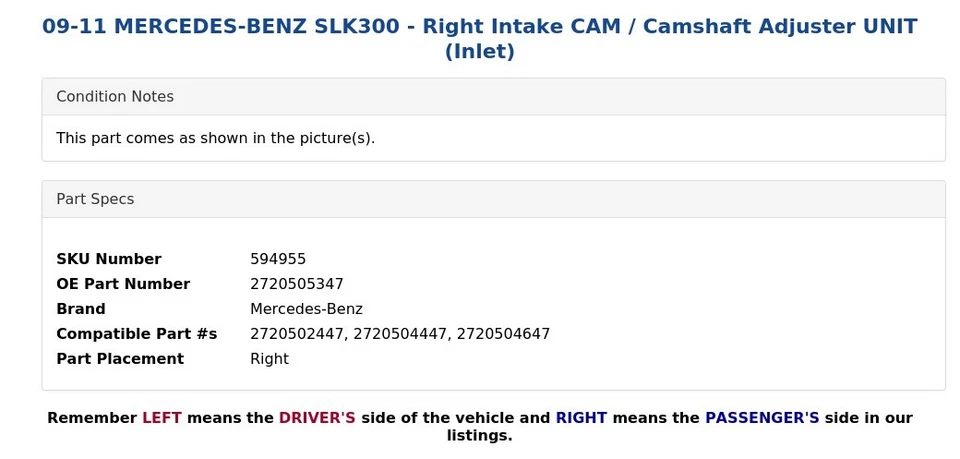 09-11 MERCEDES-BENZ SLK300 - LEVA DE ADMISIÓN DERECHA / UNIDAD AJUSTADORA DEL ÁRBOL DE LEVAS (entrada) Foto 3 de 3