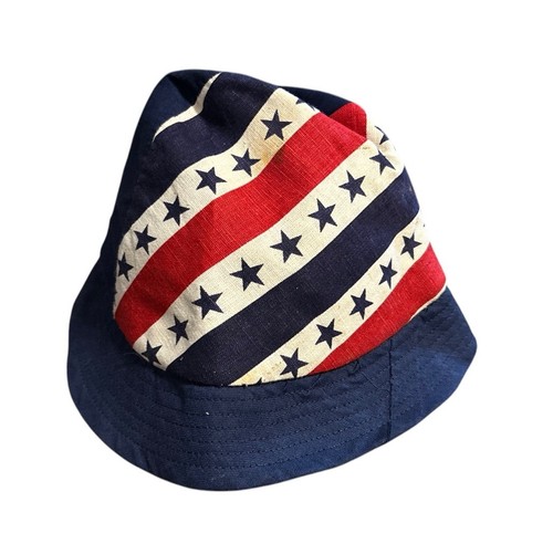 Vintage 70s American Flag Bucket Hat Cap Red White Blue Stars Size L USA Made