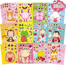 36 Waterproof Valentine Animal Stickers - Perfect for Kids' Crafts and Parties