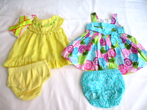 Bonnie Baby & Vtg Kidget Floral Baby Girls Dresses & Bloomers Sz 3-6 Mths
