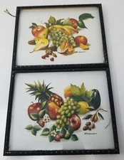 Fruit Pineapple Apple Grapes Pears Nuts 3D Relief Framed Art Work 1970s Vintage