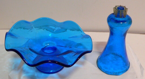Blaue Glas Vase Kerzenhalter Bonboniere Rauten Design gewellt 2 Stück Vintage - Bild 3 von 12