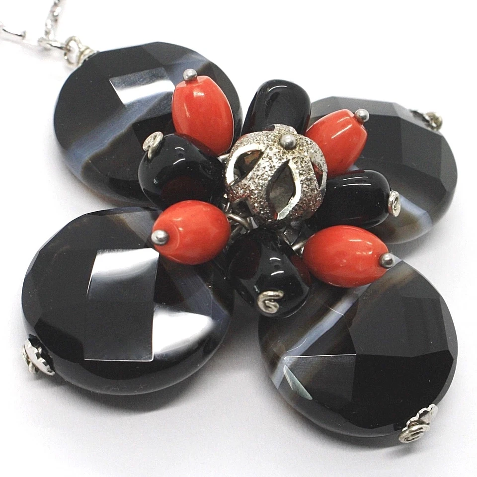 COLLANA ARGENTO 925, AGATA DISCO SFACCETTATA, ONICE, CORALLO, FIORE PENDENTE - Immagine 3 di 4