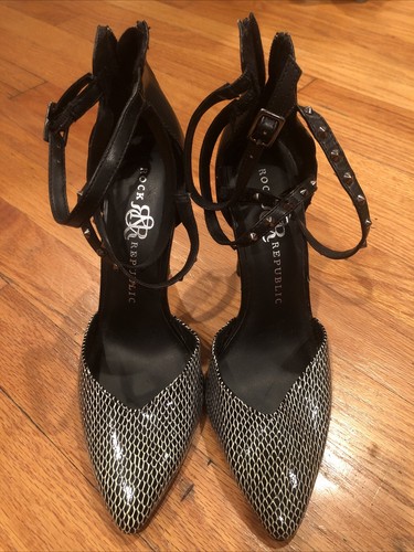 Rock Republic Women Leather Heels Size 8M Black/White Zip Back 5" Heels - Picture 2 of 4