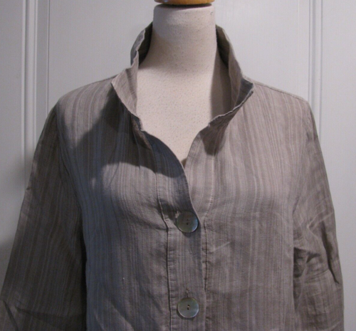 Chalet 100% Linen Brown Taupe Stripe Partial Button Tunic Shirt Blouse Large - Picture 2 of 6