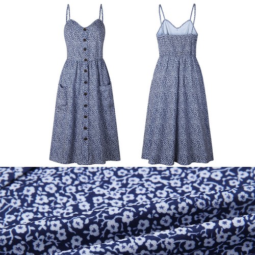 Women Floral Dresses Strappy Button Pocket Lady Summer Beach Midi Swing Sundress - Bild 15 von 49