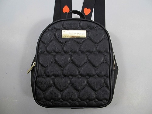 Betsey Johnson Mini Backpack Black Faux Leather Bag Hearts Embossed Quilted Zip - Picture 3 of 8