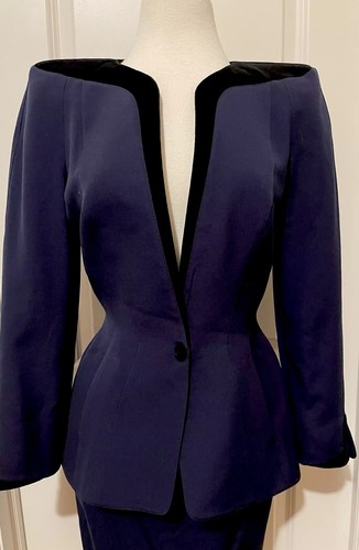 Thierry Mugler Azul Marino Lana/Terciopelo Falda Traje/Conjunto Talla 40~ Hecho en Francia - Imagen 2 de 12