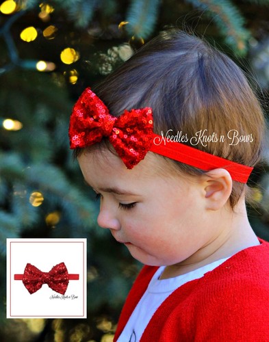 3" Red Sequin Bow Headband, Valentine's, Christmas, 4th of July Headband - Picture 3 of 6