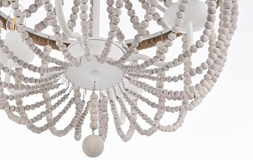 Chandelier Light Fixture Farmhouse Shabby Antique White Chic Wood Bead Pendant - Picture 5 of 9