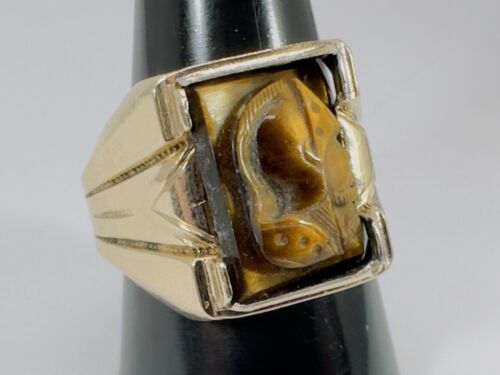 925 Sterling & 10K Vintage Men's Signet Ring W/2 Carved Roman Soldier Tiger Eye - Picture 2 of 22