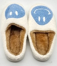 Fuzzy Happy Face Slippers Blue Womens Size 7.5 40-41