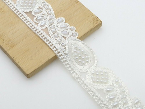 Orhanza Fabric Trim White & Off White Embroidered Saree Border With Pearl Ribbon - Picture 6 of 39