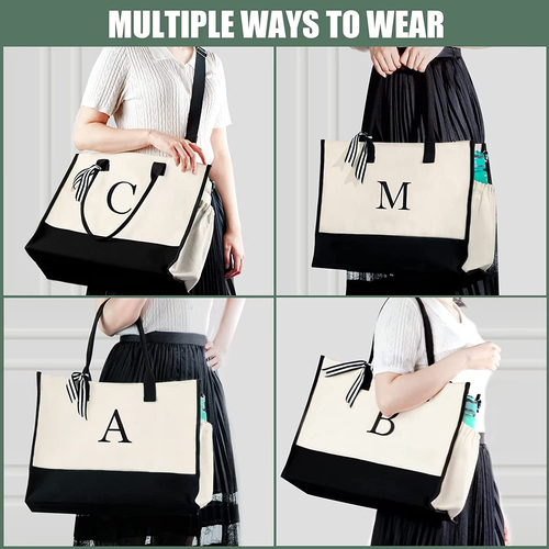 Initial Canvas Tote Bag - Reusable Grocery Bags, Birthday Gifts Basket for Bride - Picture 4 of 7