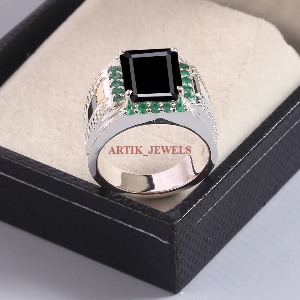 Anillo De Hombre De Ónix Negro Y Verde Con Plata Esterlina 925 #5814 - Imagen 2 de 4