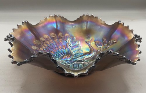 VINTAGE CARNIVAL WONDERFUL NORTHWOOD PURPLE PEACOCKS ON THE FENCE RUFFLED BOWL - Picture 5 of 7