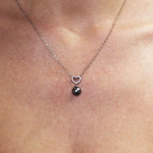 9 MM Black Tahitian Pearl & Diamond Solid 14k White Gold Heart Drop Pendant 20MM - Picture 4 of 4