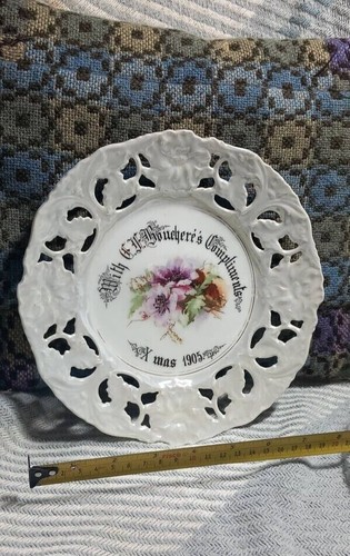 With C.F.Bouchere's compliments Xmas 1905, white china plate with flowers