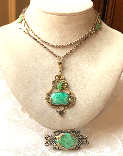 Vintage Czech Peking Glass Enameled Necklace & Brooch Set - Picture 2 of 17