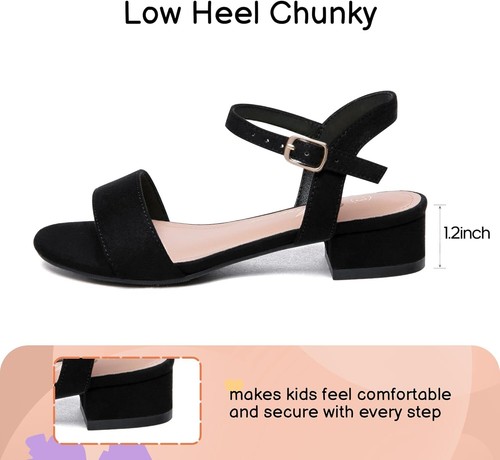 Girls Ankle Strap Open Toe Low Chunky Heel Sandals for Wedding Party Dress Shoes - Picture 9 of 57