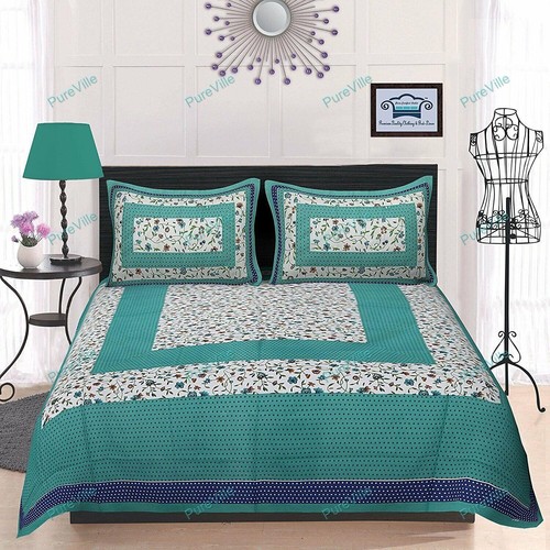 90x100 Queen Yellow Jaipuri Bed Sheet With 2 Pillow Cover Printed Cotton Double - Picture 3 of 9