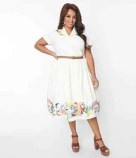 Unique Vintage Looney Tunes White & Character Border Print Swing Dress Plus 1X