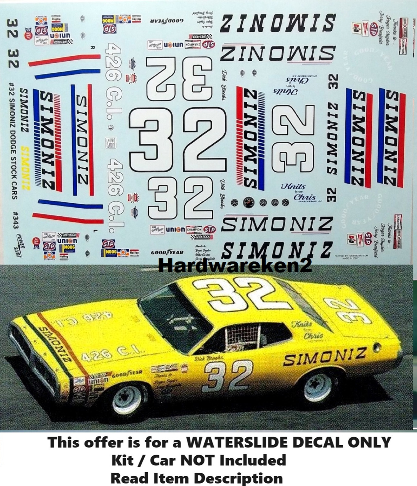 NASCAR DECAL #32 SIMONIZ 1971 DODGE CHARGER NASCAR STOCK CAR DICK BROOKS 1/25