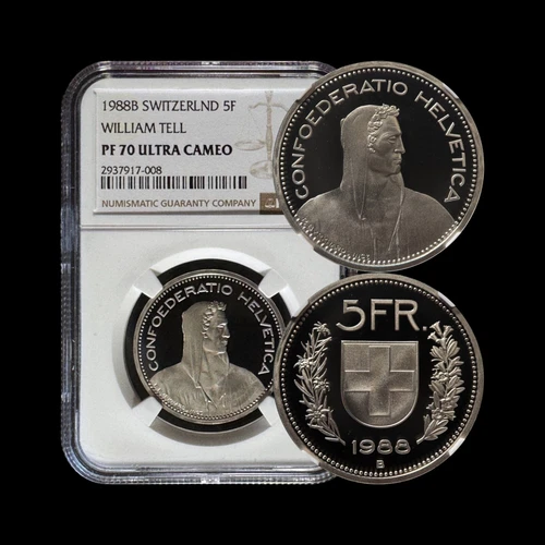 SWITZERLAND. 1988, 5 Francs - NGC PF70 - Top Pop🥇 William Tell, Edelweiss RARE