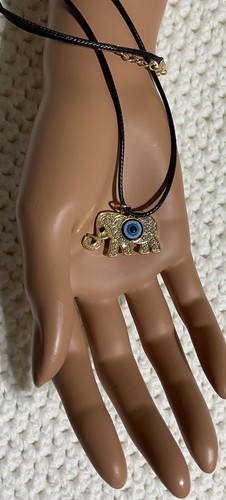 NEW rhinestone style Boho Elephant necklace gold tone black leather cord - Picture 8 of 24