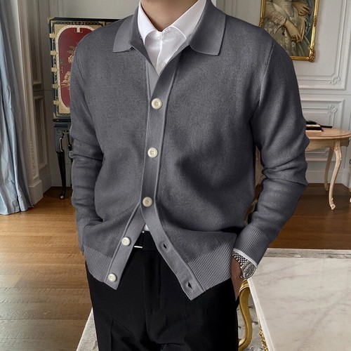 Cardigan casual da uomo lavorato a maglia maglione maniche lunghe colore massello cappotto caldo con bottoni - Foto 11 di 25