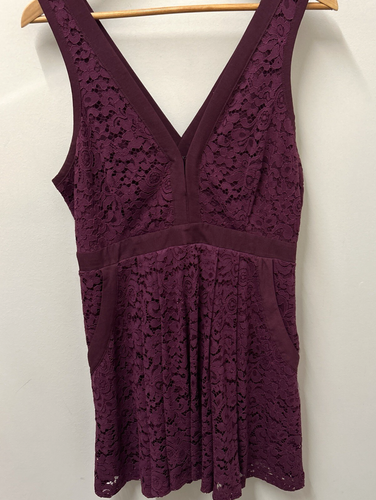 Free People Dress Burgundy Purple M Floral Lace Overlay Deep V Neck Bohemian - Picture 9 of 11