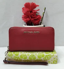 Michael Kors Red Leather Zip Around Credit Card Wallet