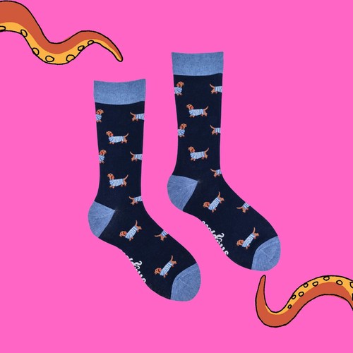 SOCTOPUS Sausage Dog Socks Mens Boys 9-12 Blue Christmas Gift Dachshund Dogs New - Picture 6 of 12