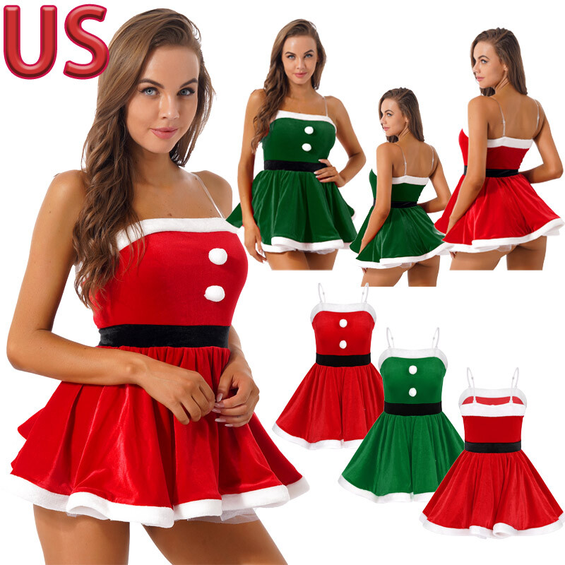 Womens Velvet Santa Claus Costume Elf Christmas Cosplay Layered Flared Dress