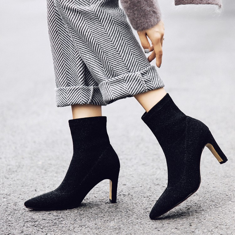 Women Sequins Pointed Toe High Heels Ankle Boots Slip On Black Silver shoes Size Women Sequins Pointed Toe High Heels Ankle Boots Slip On Black Silver shoes Size