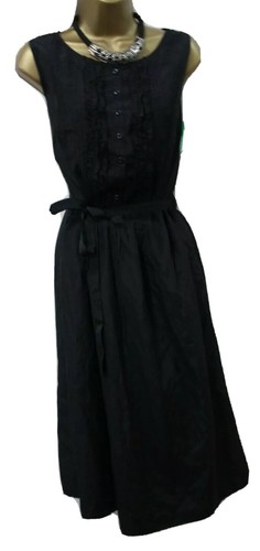 Black Shirt Dress M 10 12 Retro Modest Cotton Button Ruffle Belted Lined Midi - Picture 6 of 10