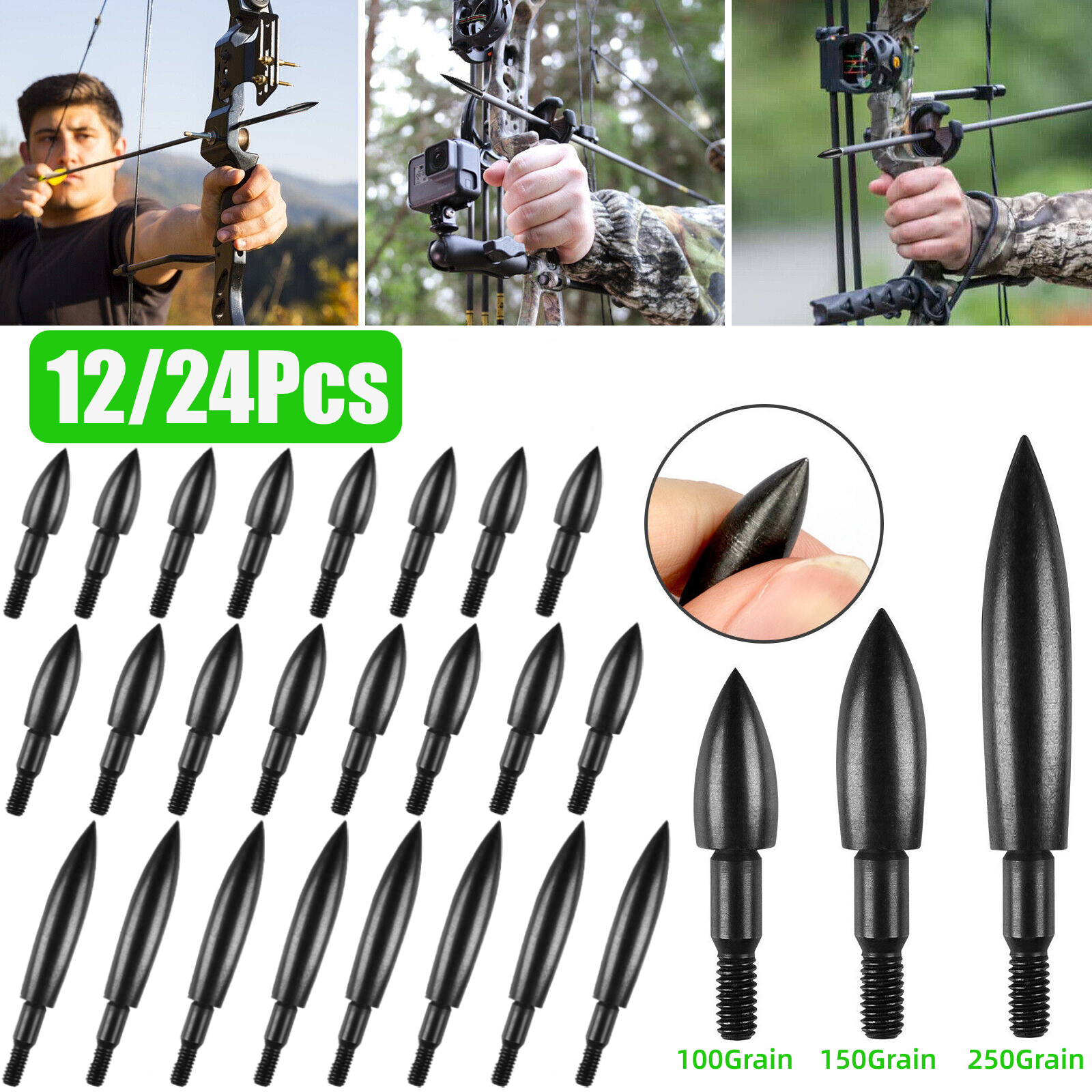 24Pcs 100-250Grain Field Points Broadheads Arrowheads Tips Archery Arrow Target