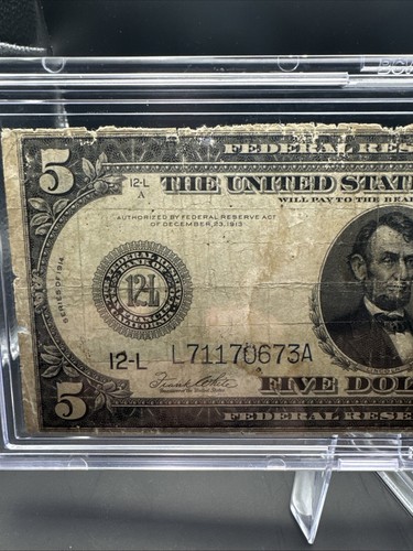 1914 $5 Federal Reserve Note Blue Seal White/Mellon - Free Shipping USA - Picture 2 of 7