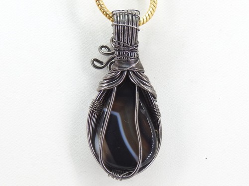 Black Strip Agate Brass Pendant Silver Oxidised Polished Wire Wrapped Jewelry - Picture 4 of 8