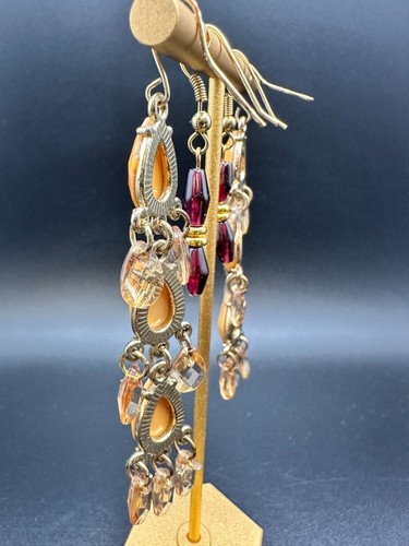 Vintage Chandelier Yellow and Purple Pierced Earrings Gold Tone - Picture 3 of 12