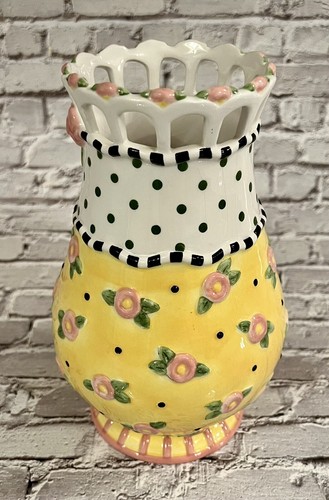 Mary Engelbreit Ceramic Vase 2000 ME Ink Michel & Co. Floral Yellow /White - 第 4/6 張圖片