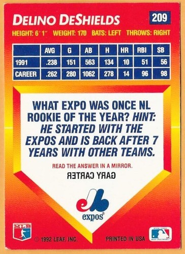 DELINO DeSHIELDS MONTREAL EXPOS #209 - DONRUSS TRIPLE PLAY NM-MT 1992 - Picture 2 of 2