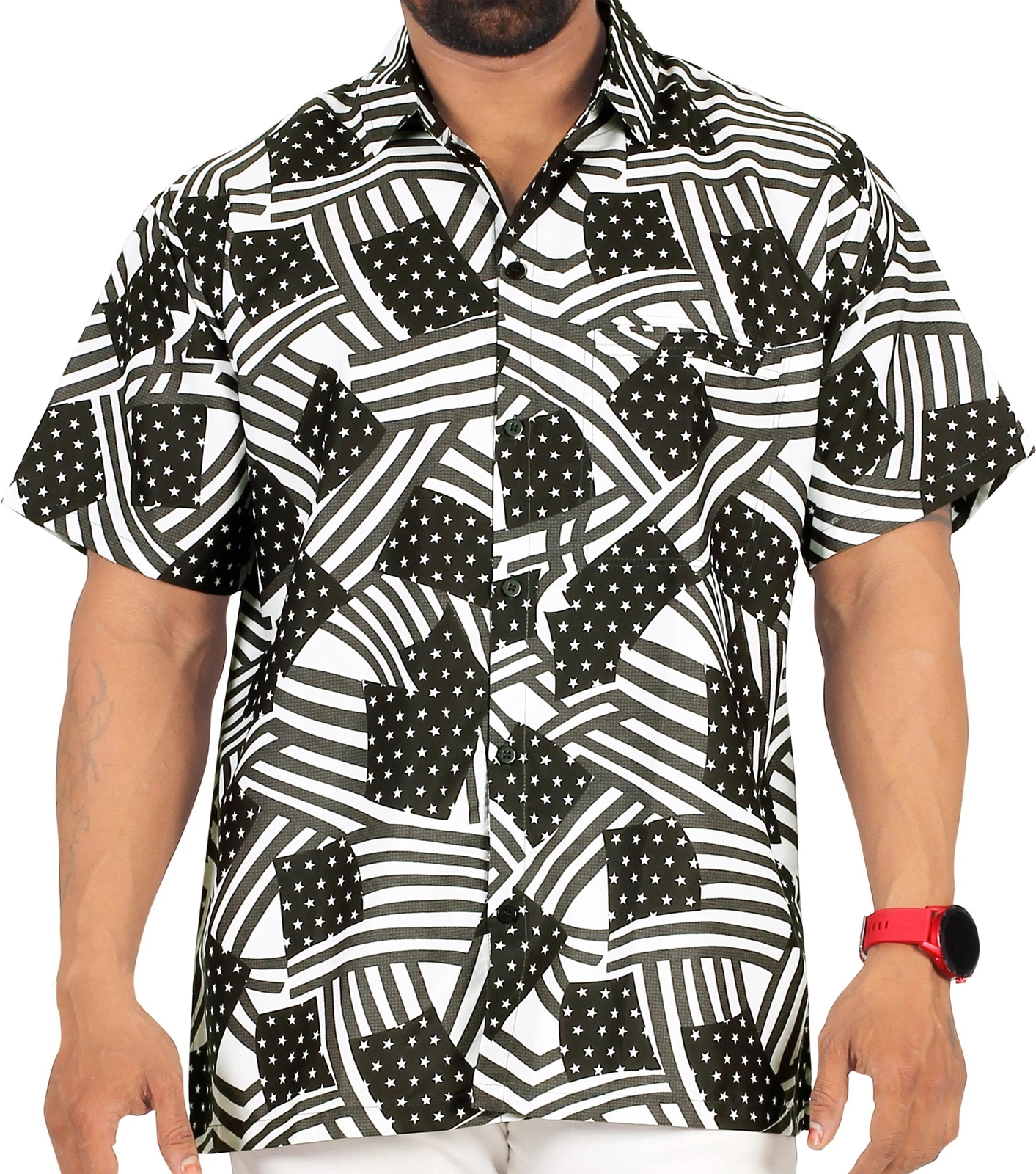 LA LEELA Mens Hawaiian Short Sleeve Button Down Shirts XXL Stars Stripes, Black