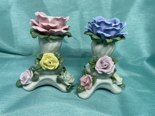 Porcelain vintage rose taper candle holders - Picture 1 of 6