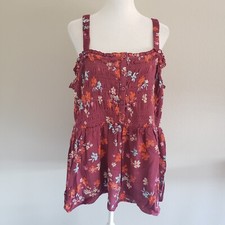 New TORRID Babydoll Top Smocked Cami Floral Gauze Crinkle Maroon Plus Size 2 2X