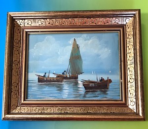 Vintage Oil Painting Nautical Coastal Fishing Landscape Boat Ship