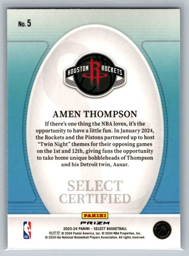 2023-24 Select Amen Thompson certificado RC Silver Prizms Rookie #5 Rockets - Imagen 2 de 2