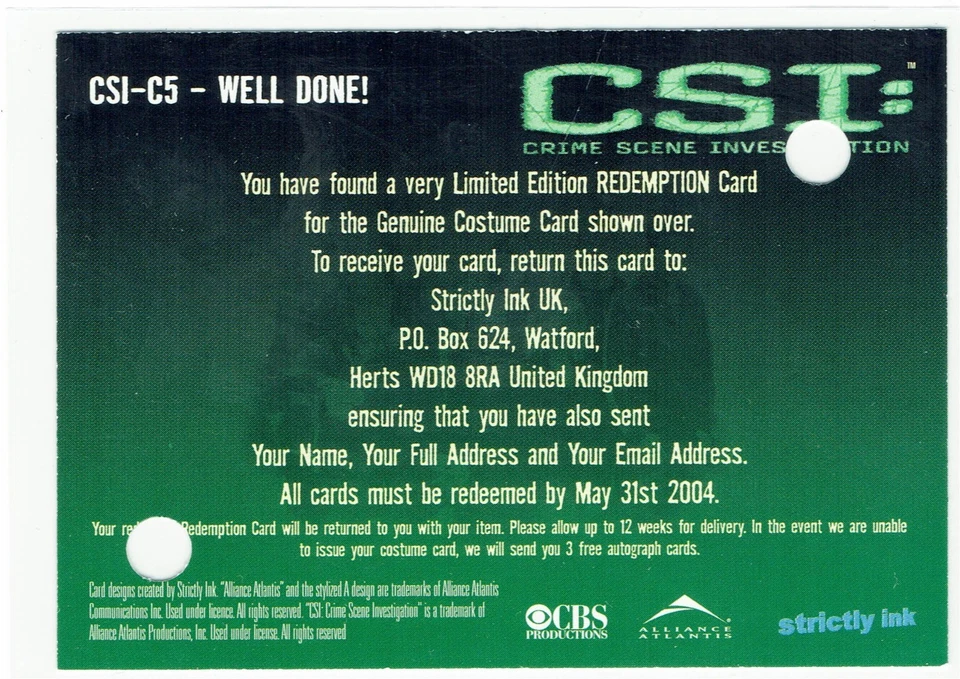 CSI Series 1 2004 CSI-C5 Costume Redemption Card - Image 2 of 4