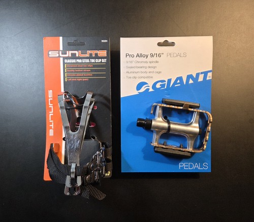 Giant Pro Alloy Bicycle Pedals/2 & Sunlite Classic Pro Steel Toe Clip Set ▪︎ NEW - Picture 1 of 11