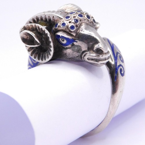 STRIKING DETAILED SILVER BLUE ENAMEL RAM HEAD RING - Picture 2 of 8